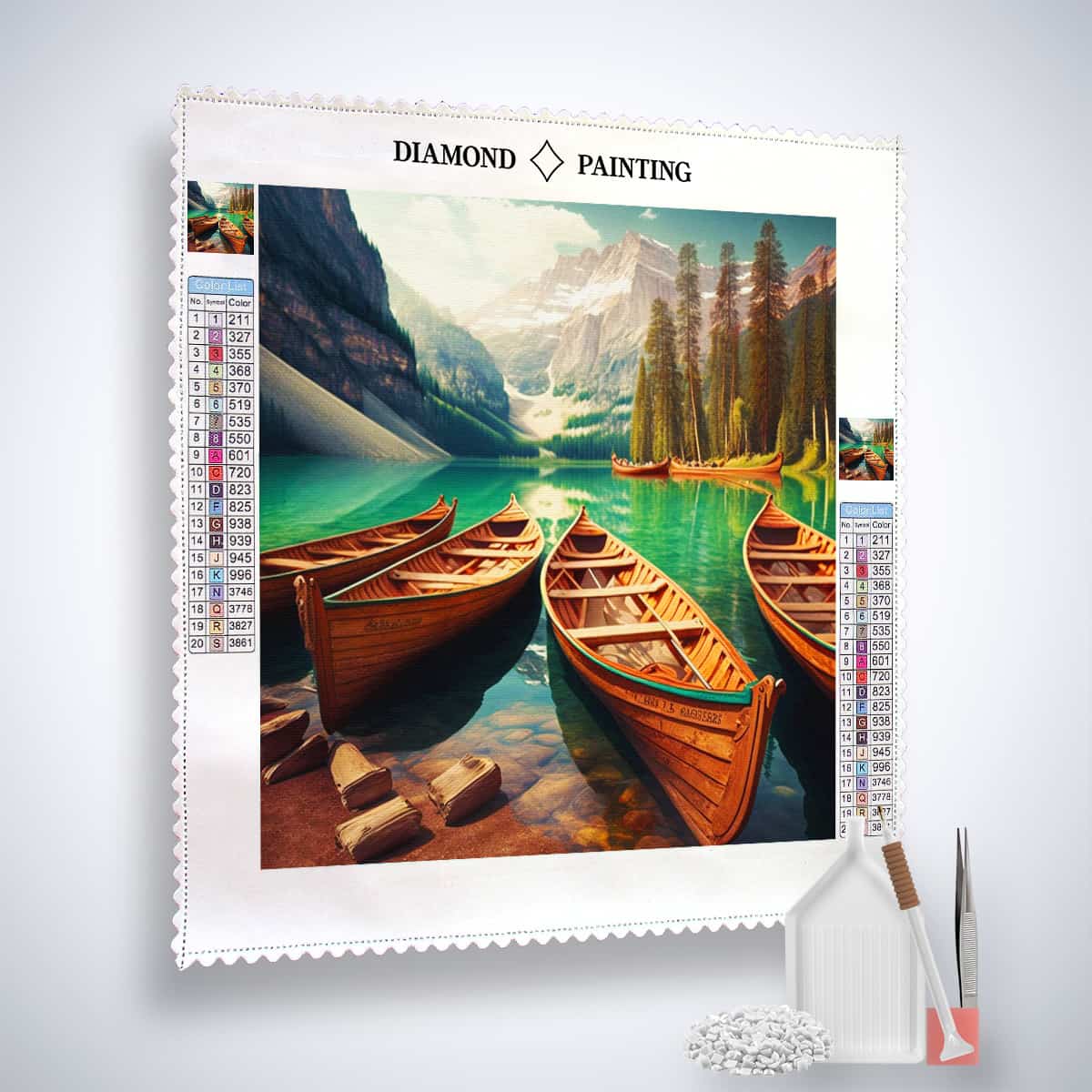 Diamond Painting Kit Bergsee-Bootstour with Acrylic Diamonds, Canvas, Tweezer, and Setzstift featuring lakeside boats and mountain scenery.