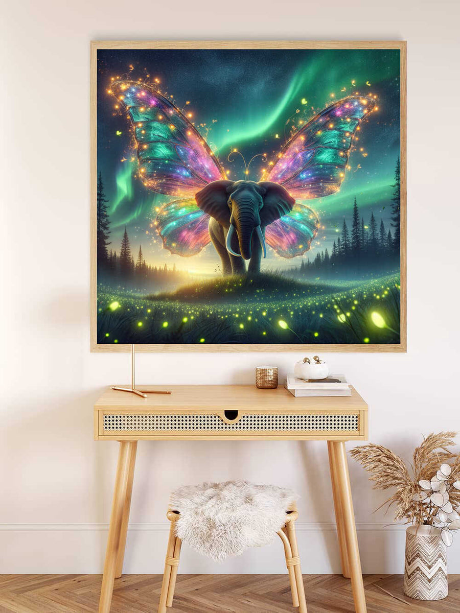 Painting by numbers artwork featuring a luminous butterfly-elephant hybrid against a starry night sky, hung above a modern desk.