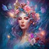 Diamond Painting - Frau mit Blumenhaaren, beeindruckendes Kunstmotiv mit funkelnden Acryl-Diamanten und lebendigen Blüten, kunstvolle Leinwand.