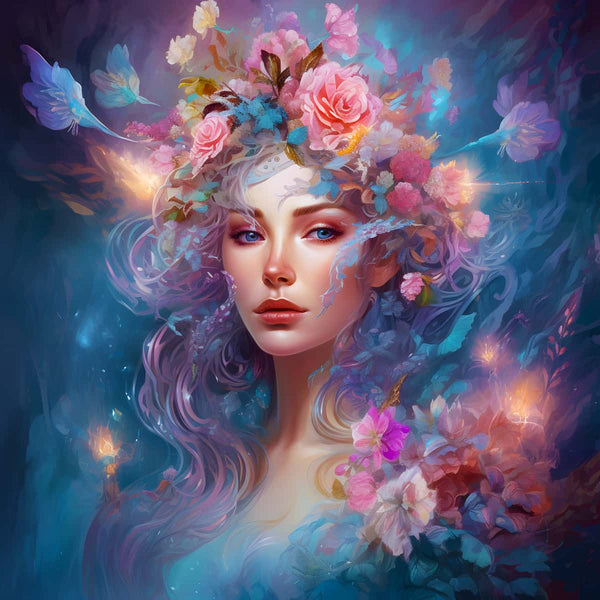 Diamond Painting - Frau mit Blumenhaaren, beeindruckendes Kunstmotiv mit funkelnden Acryl-Diamanten und lebendigen Blüten, kunstvolle Leinwand.