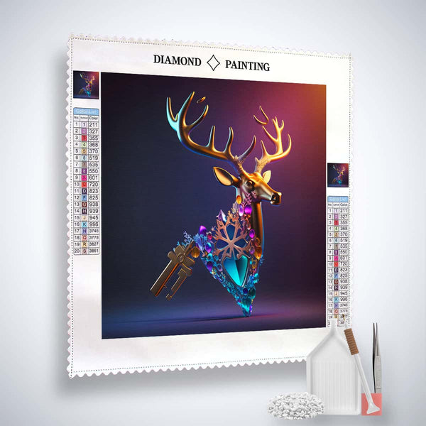 AB Diamond Painting Kit - Hirsch im Lichtstrahl with vibrant acrylic diamonds and complete set of tools.