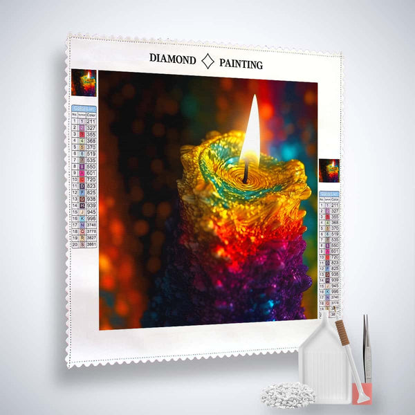 AB Diamond Painting Kit - Brennende Kerze design with vibrant colored acrylic diamonds, fine artist tweezers, and professional setting tool