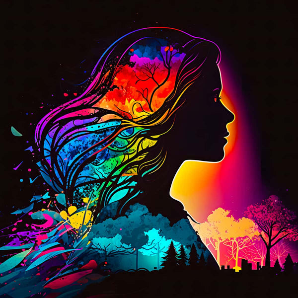 Diamond Painting - Zauberdame im Profil with colorful abstract background and vivid trees in a professional canvas set