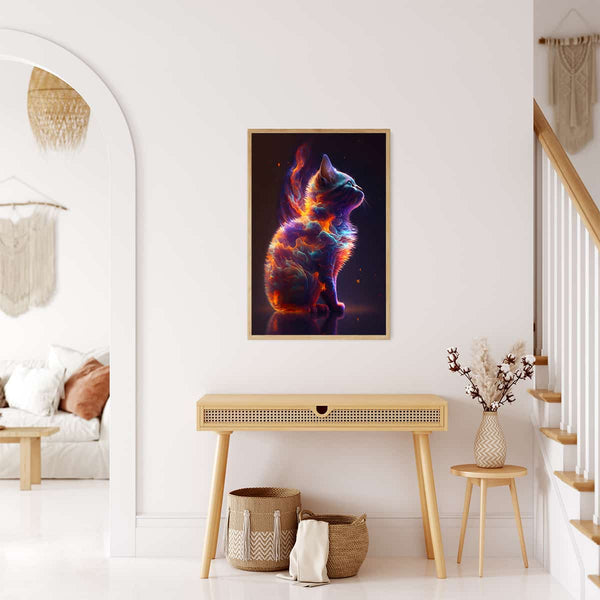 Modern living room with framed Rainbow Cat painting, featuring detailed and colorful digital art of a sitting cat.