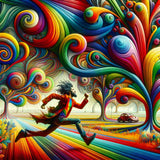 A person running through a vibrant, surreal landscape filled with swirling, colorful patterns and trees.