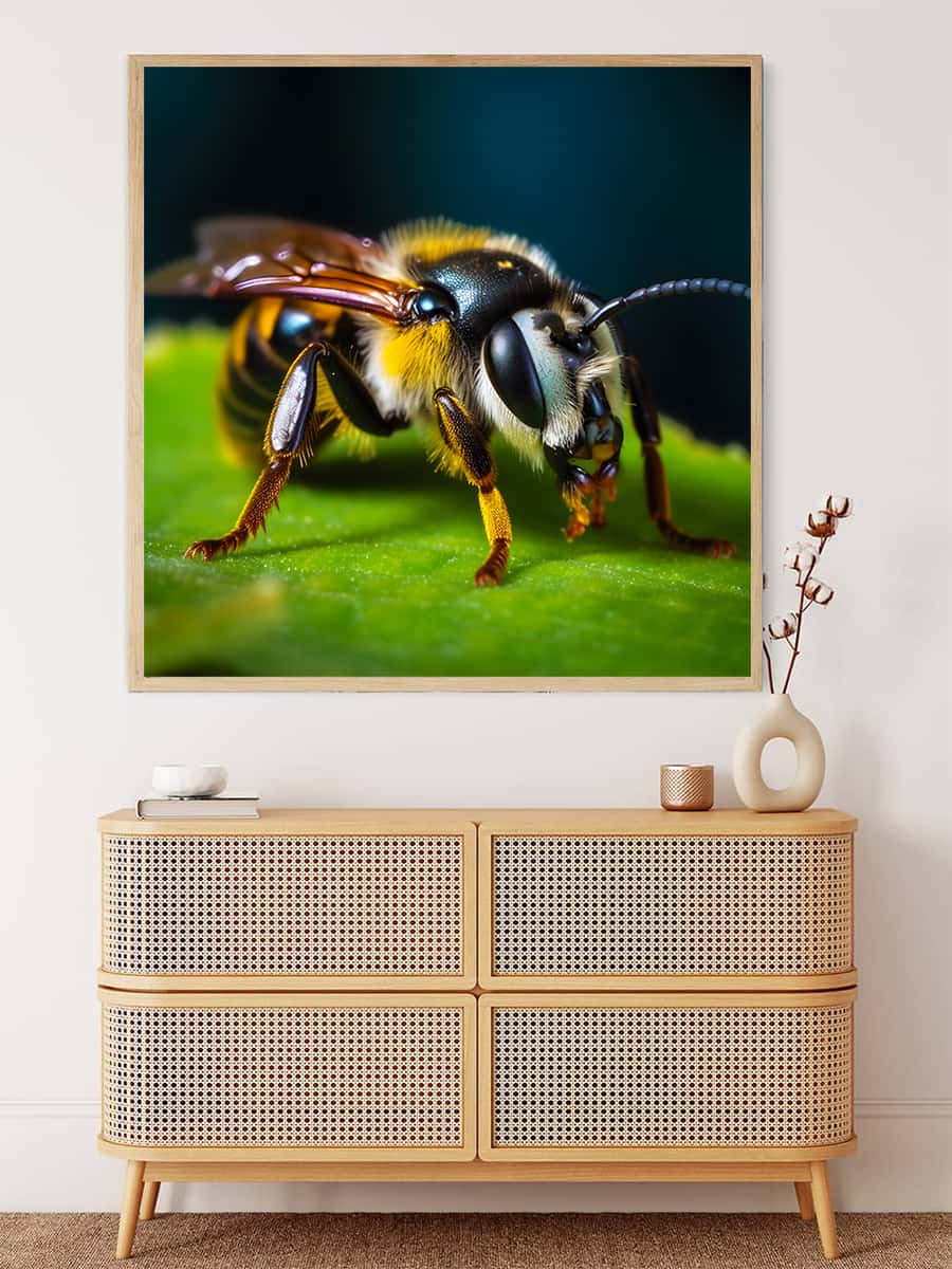 Detailed close-up painting of a bee on a leaf displayed above a modern wooden cabinet in a minimalistic room.