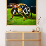 Detailed close-up painting of a bee on a leaf displayed above a modern wooden cabinet in a minimalistic room.