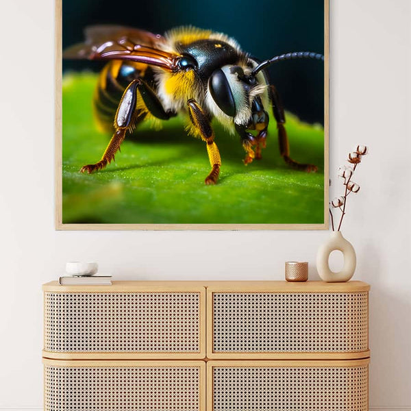 Detailed close-up painting of a bee on a leaf displayed above a modern wooden cabinet in a minimalistic room.