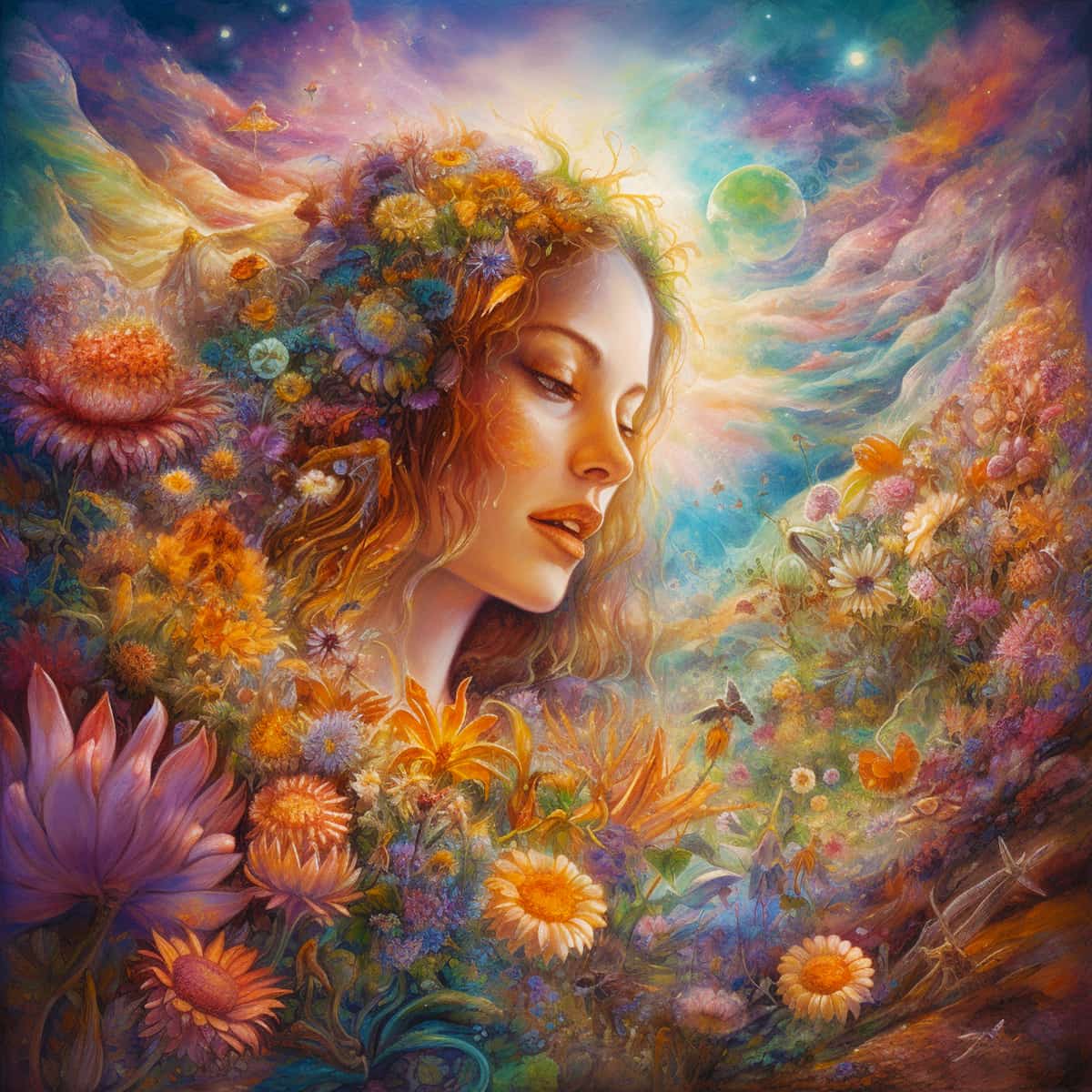 Diamond Painting - Blumenmädchen im Garten mit bunten Blumen und Sternenhimmel.