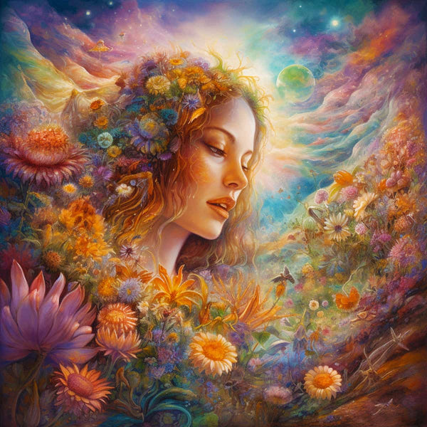 Diamond Painting - Blumenmädchen im Garten mit bunten Blumen und Sternenhimmel.