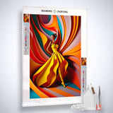 Diamond Painting kit with vibrant colors featuring a woman in a flowing yellow dress, including tools and acrylic diamonds.