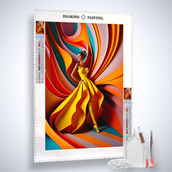 Diamond Painting kit with vibrant colors featuring a woman in a flowing yellow dress, including tools and acrylic diamonds.