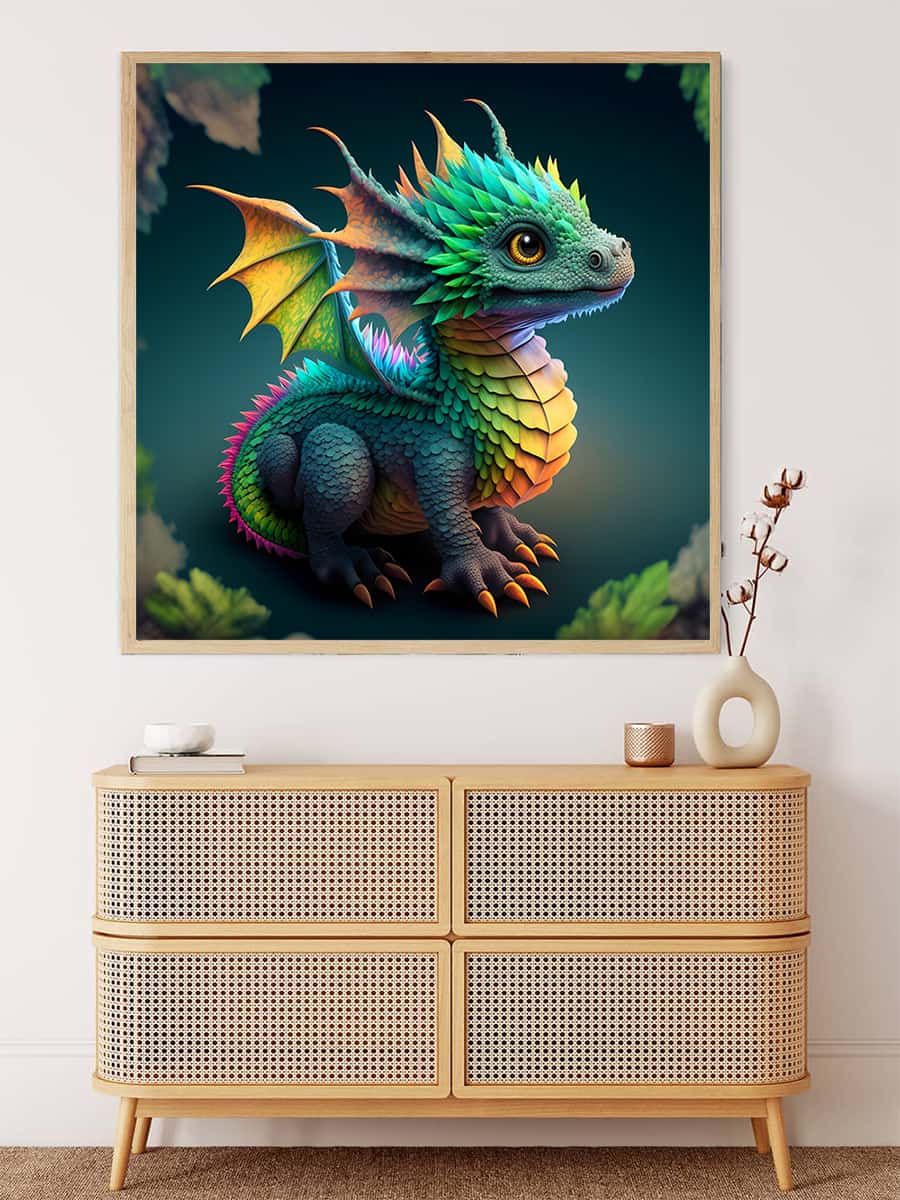 Colorful dragon painting hanging above wooden dresser, Malen nach Zahlen - Kleiner Drache ganz Groß.