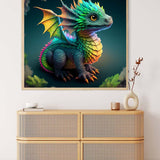 Colorful dragon painting hanging above wooden dresser, Malen nach Zahlen - Kleiner Drache ganz Groß.