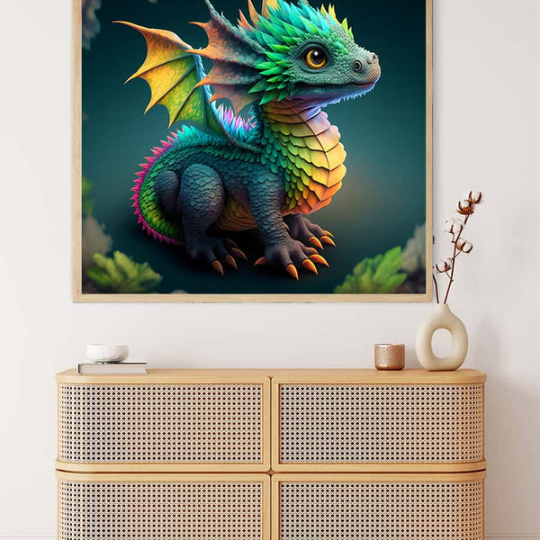 Colorful dragon painting hanging above wooden dresser, Malen nach Zahlen - Kleiner Drache ganz Groß.