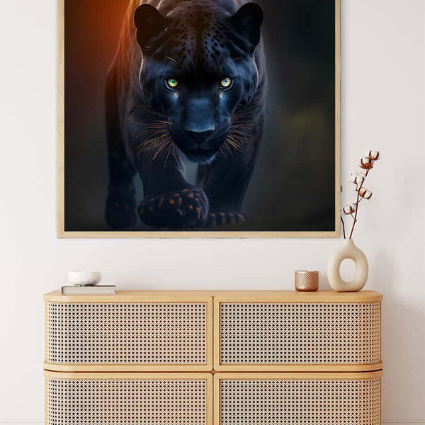Malen nach Zahlen Kunstwerk eines gefährlichen Panthers mit leuchtenden Augen über einer modernen Kommode