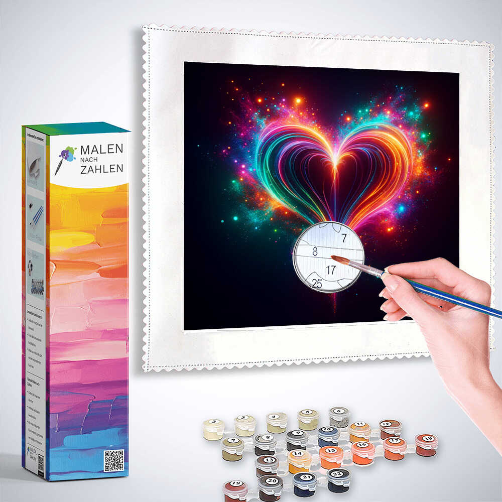 Painting by numbers kit featuring a cosmic heart design with vibrant colors, brush and paint pots included for a relaxing art experience.