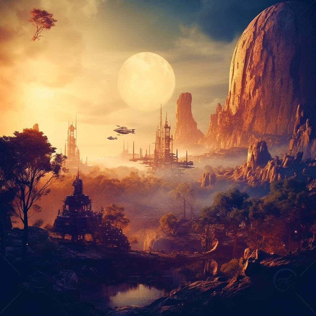 Sci-fi fantasy landscape with yellow hues, a large moon, futuristic structures, flying spacecraft, and a serene natural setting.