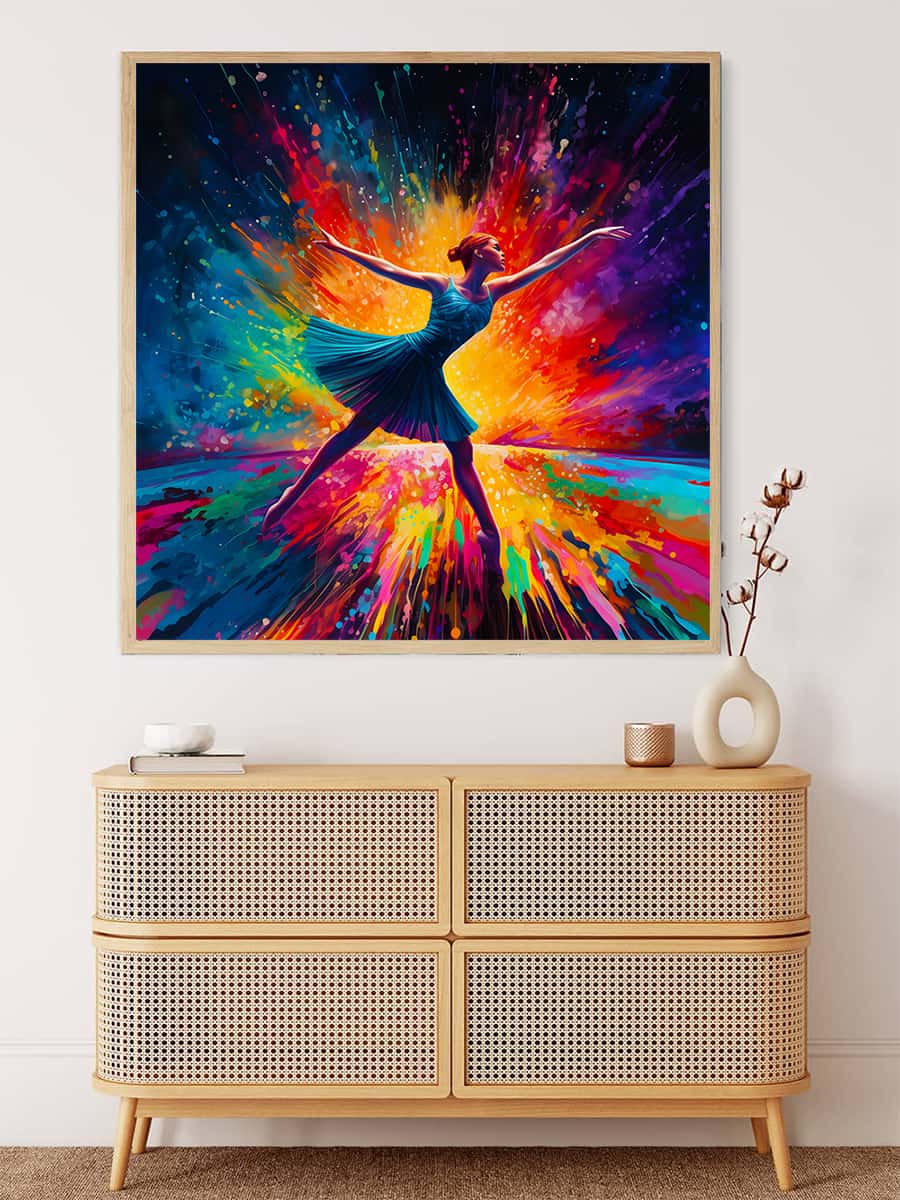 AB Diamond Painting Bunter Tanz – vibrant artwork of a dancing figure with colorful acrylic diamonds on a canvas displayed above a cabinet.