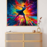 AB Diamond Painting Bunter Tanz – vibrant artwork of a dancing figure with colorful acrylic diamonds on a canvas displayed above a cabinet.
