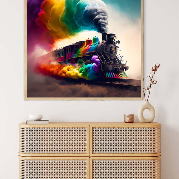 Colorful train painting titled "Malen nach Zahlen - Farbzug" displayed above a wooden dresser in a modern living room.