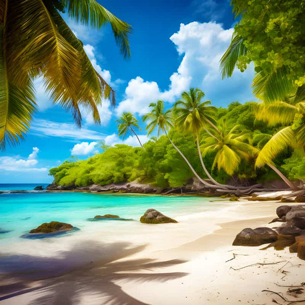 Diamond Painting Beach Kit featuring a tropical beach with palm trees, clear blue water, and pristine sand.