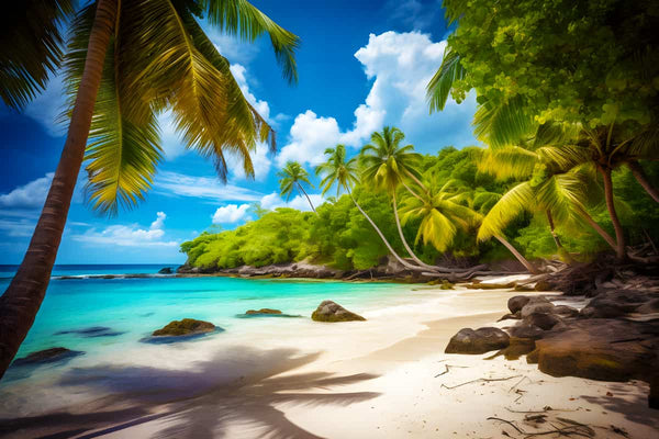 Tropical beach scene with clear blue waters, white sandy shore, and lush palm trees under a bright blue sky with scattered clouds.