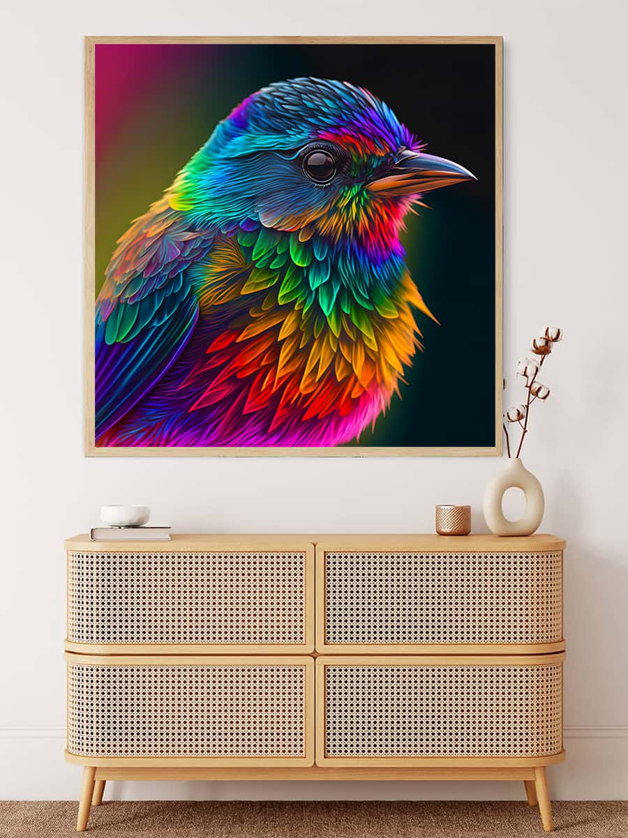 Malen nach Zahlen - Bunter Vogel seitlich Wandbild über Holzkommode in modernem Wohnraum