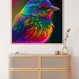 Malen nach Zahlen - Bunter Vogel seitlich Wandbild über Holzkommode in modernem Wohnraum