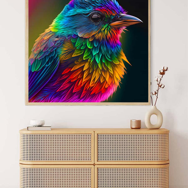 Malen nach Zahlen - Bunter Vogel seitlich Wandbild über Holzkommode in modernem Wohnraum