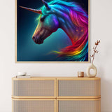 Painting of a majestic unicorn with a rainbow-colored mane displayed above a wooden dresser in a modern room
