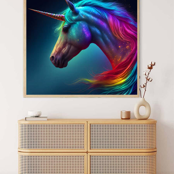 Painting of a majestic unicorn with a rainbow-colored mane displayed above a wooden dresser in a modern room