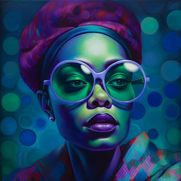 Diamond painting of a woman with purple lips, large glasses, and a vibrant headwrap.