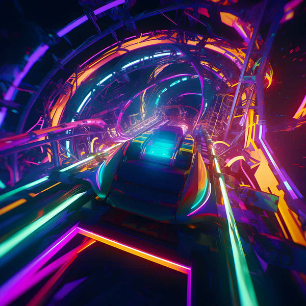 Neon futuristic tunnel with vibrant lights and abstract design, creating a mesmerizing and dynamic visual experience.