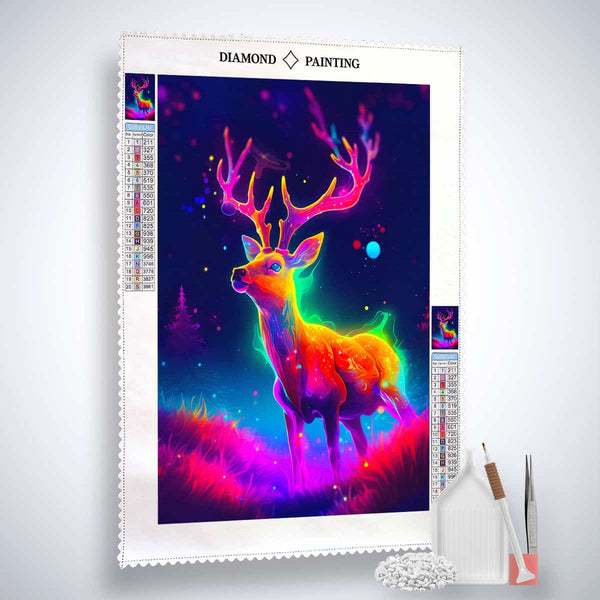Colorful neon deer diamond painting kit with acrylic diamonds, professional canvas, artist tweezers, and setting tools included.