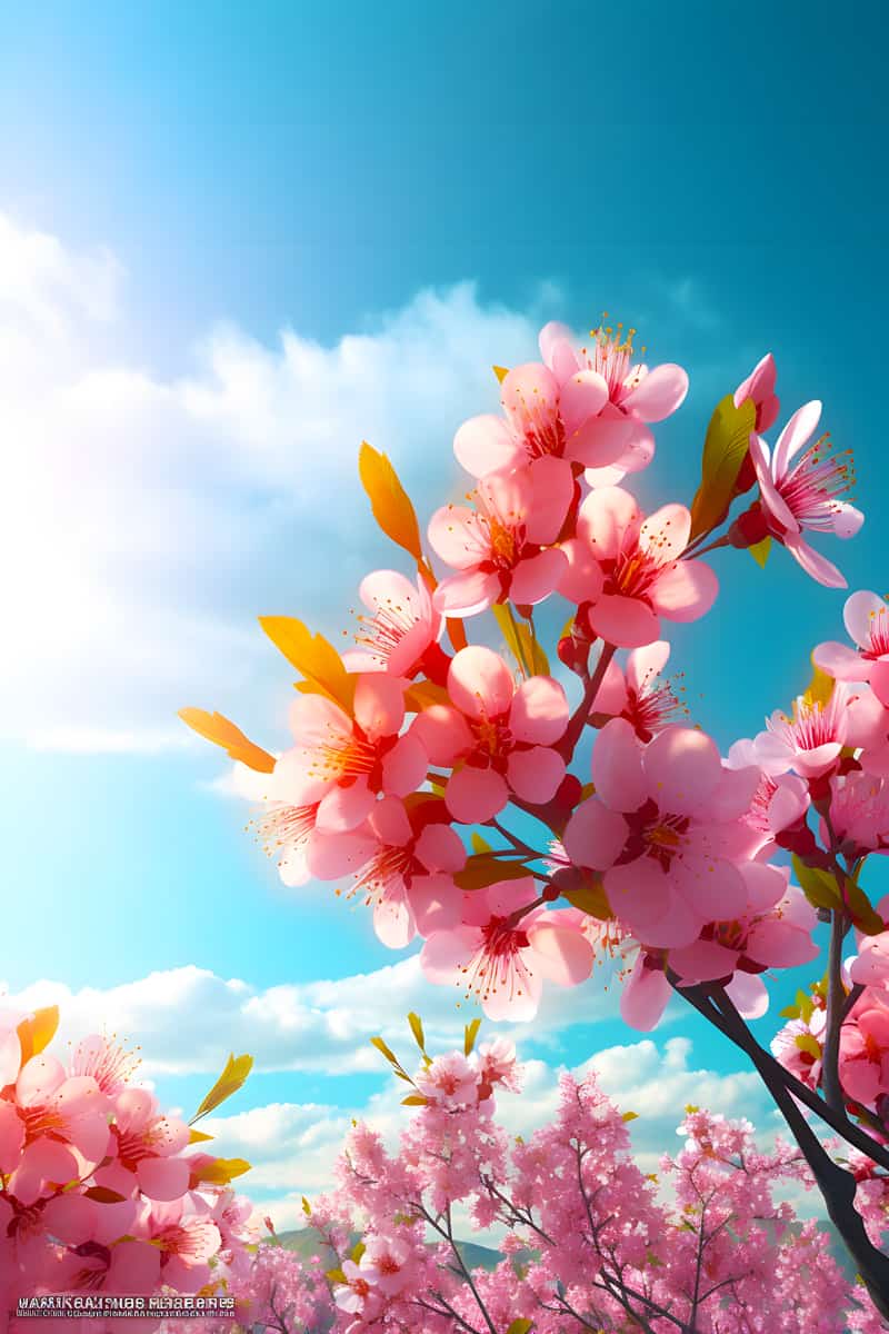 Diamond Painting Frühlingsträume Kit with vibrant pink blossoms against a blue sky
