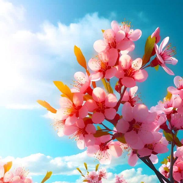 Diamond Painting Frühlingsträume Kit with vibrant pink blossoms against a blue sky