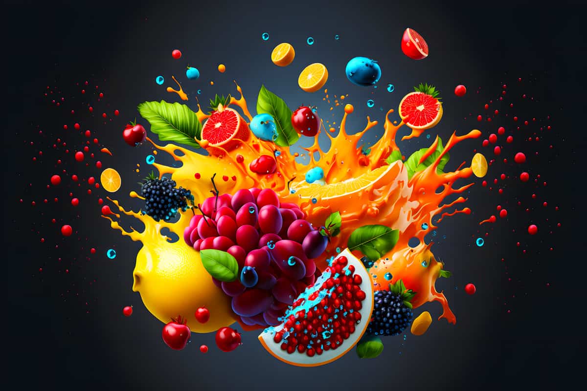 "Colorful fruits explosion with vibrant splashes, representing Malen nach Zahlen - Fruchtexplosion Bunt painting"