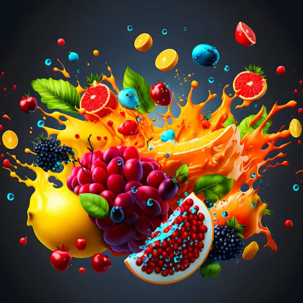 Vibrant fruit explosion in AB Diamond Painting kit featuring colorful acrylic diamonds, premium canvas, and art tools.