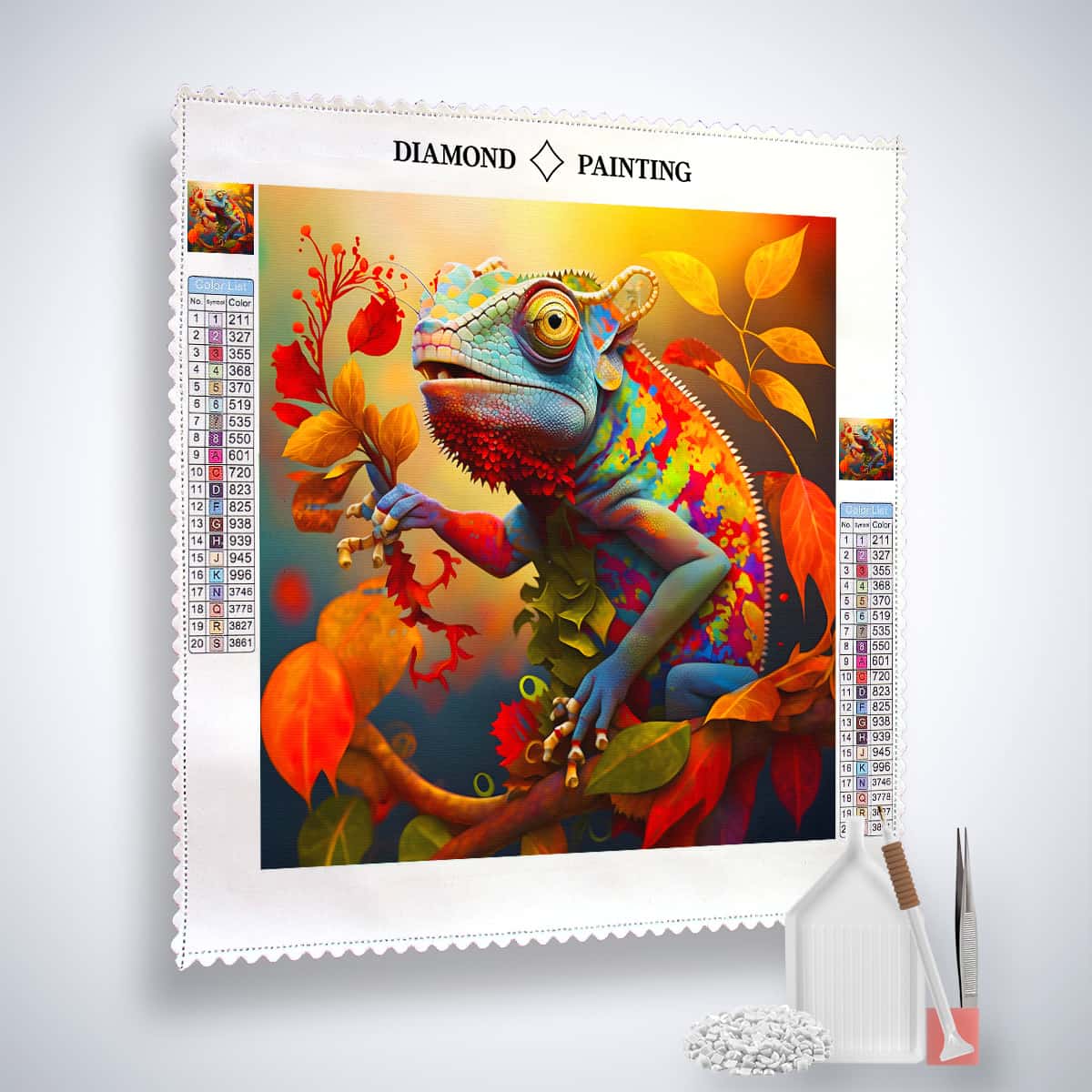 Diamond Painting Kit - Echse im Wald - Professionelle Leinwand mit bunten Acryl Diamonds, feiner Pinzette und Setzstift für kreative Kunst