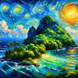 Malen nach Zahlen - Sternennacht über dem Paradies Farbmuster einer bunten Landschaft mit Insel und Sternenhimmel
