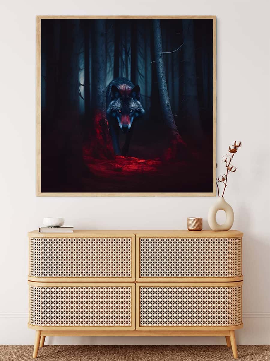 Malen nach Zahlen Bild eines gefährlichen Wolfes in einem dunklen Wald, auf einem modernen Beistelltisch präsentiert
