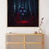 Malen nach Zahlen Bild eines gefährlichen Wolfes in einem dunklen Wald, auf einem modernen Beistelltisch präsentiert