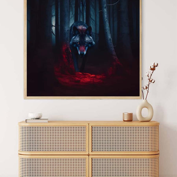 Malen nach Zahlen Bild eines gefährlichen Wolfes in einem dunklen Wald, auf einem modernen Beistelltisch präsentiert