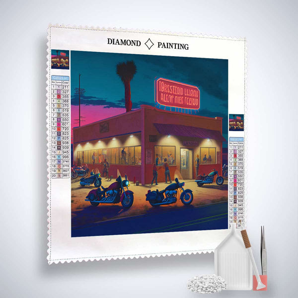 Diamond Painting Kit - Abenteuerreiter | Sparkling artwork of a nighttime motorcycle scene, complete with tools and supplies for crafting.