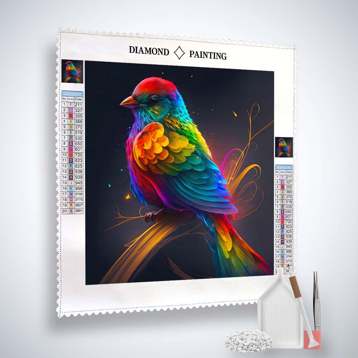 Diamond painting kit with colorful bird on branch artwork, including canvas, acrylic diamonds, tweezers, and applicator pen.