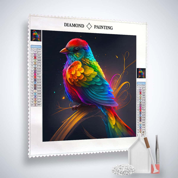 Diamond painting kit with colorful bird on branch artwork, including canvas, acrylic diamonds, tweezers, and applicator pen.
