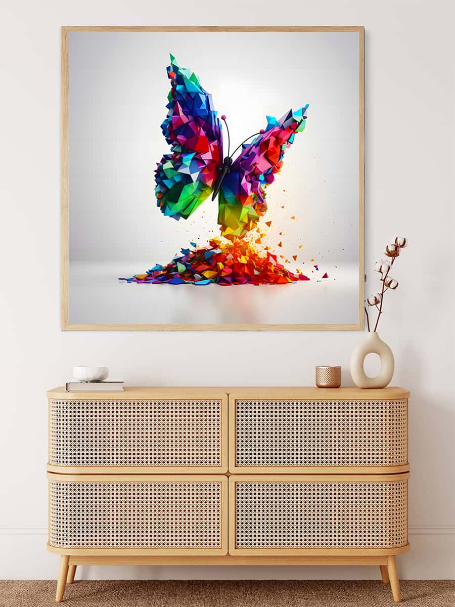 Colorful butterfly artwork on a wall above a woven cabinet in a minimalist room