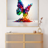 Colorful butterfly artwork on a wall above a woven cabinet in a minimalist room