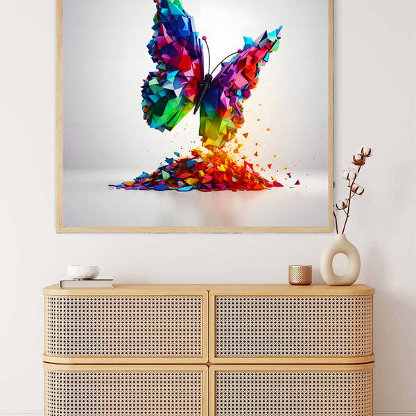 Colorful butterfly artwork on a wall above a woven cabinet in a minimalist room